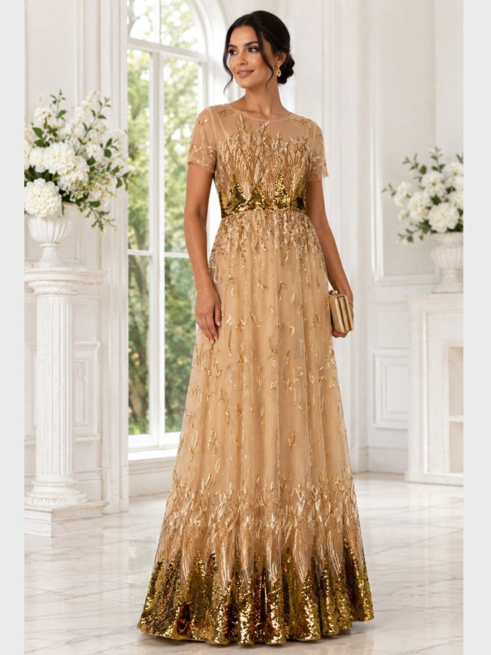 Vicky & Lucas Gold Sequin Embroidered Illusion Gown Medium